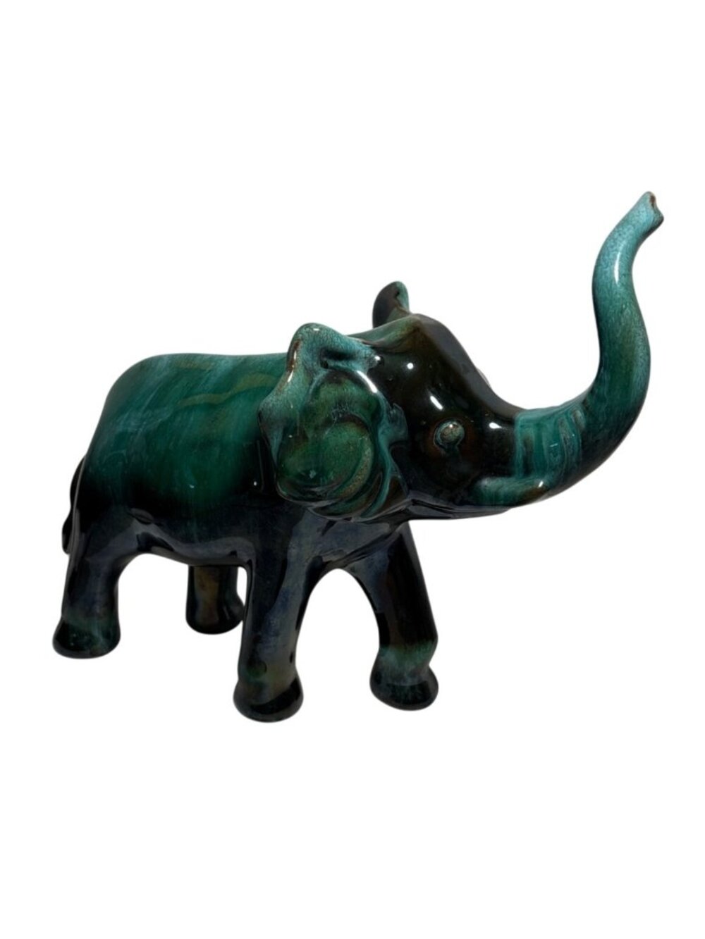 Blue Mountain Pottery Elephant Figure Large 8" Tall Green Black Drip Glaze MCM